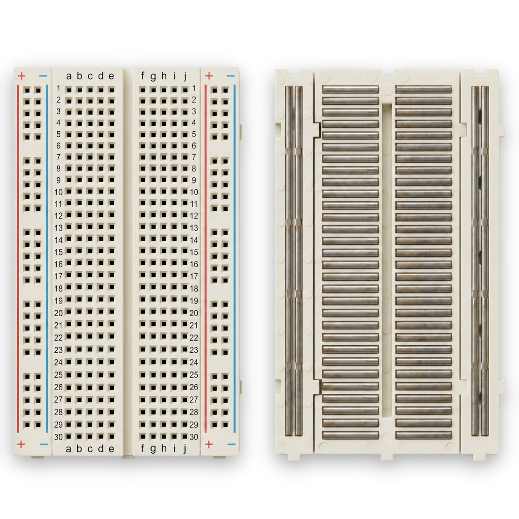 Genomskärning av breadboard som visar hur fem hål i en kolumn är elektriskt sammankopplade.
