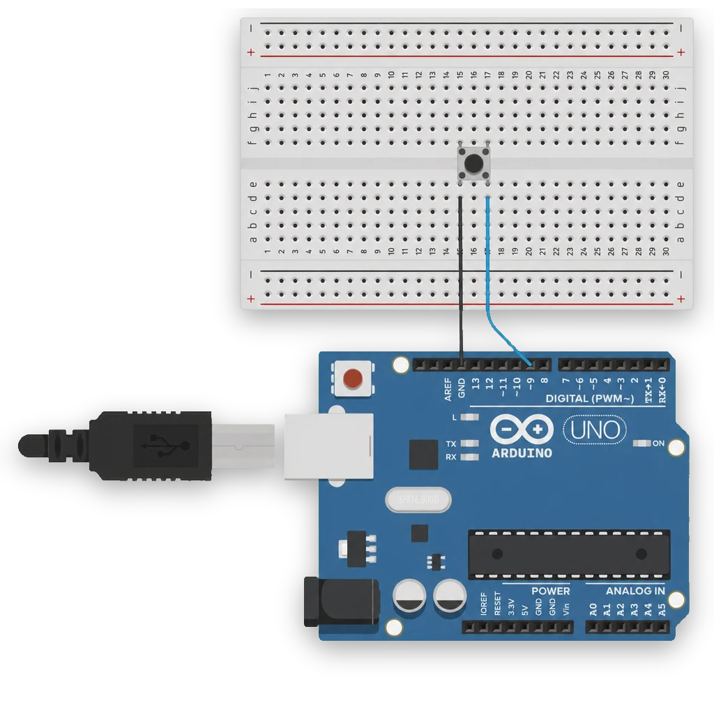 Fritzing-koppling: tryckknapp på breadboard, ena benet till D9, andra till GND.