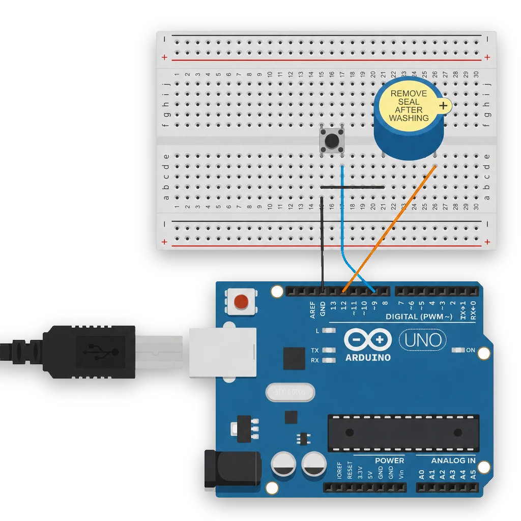 Fritzing-koppling av aktiv buzzer: plusben till D12, minusben till GND.