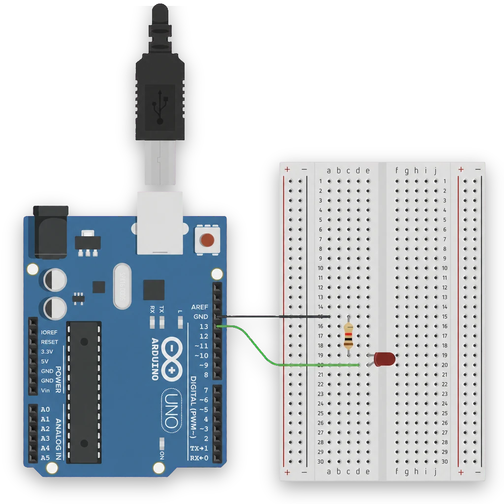 Fritzing-diagram: Arduino UNO med en röd LED kopplad via en 220-ohm-resistor från pin 13 till GND via en breadboard.