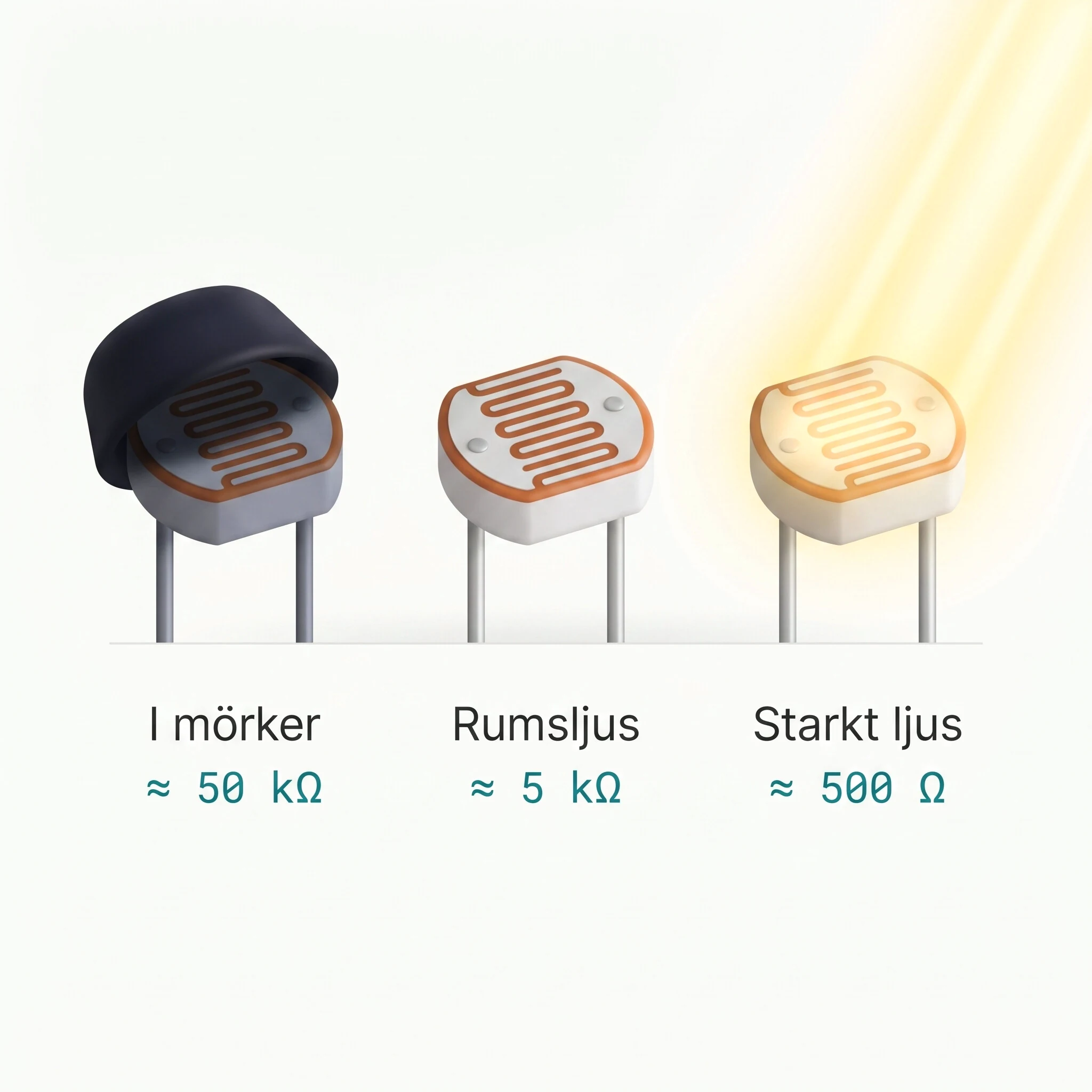 Tre fotoresistorer side-by-side: i mörker, rumsljus och starkt ljus.