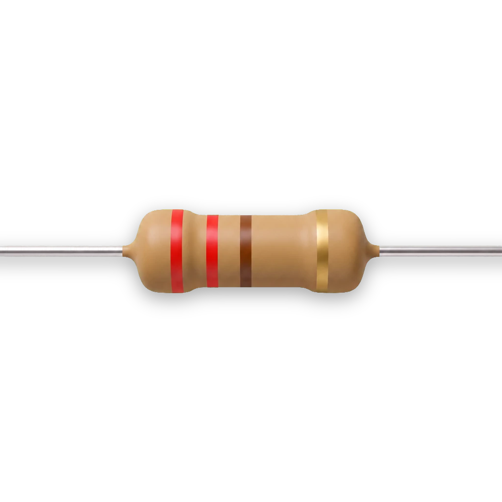 Närbild på en 220-ohm-resistor med 4-bands färgkod: röd, röd, brun, guld.