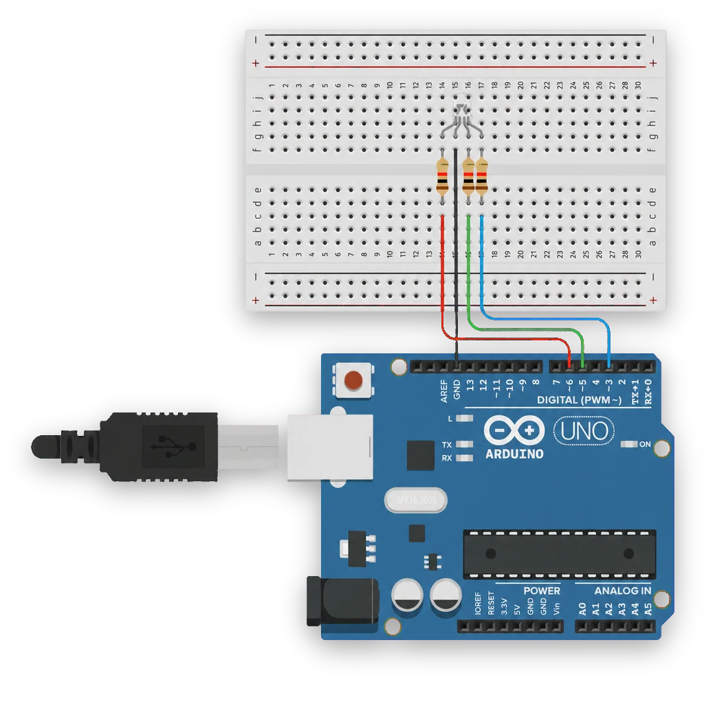 Fritzing-koppling av RGB-LED med tre 220-ohm-resistorer till PWM-pins D3, D5, D6.