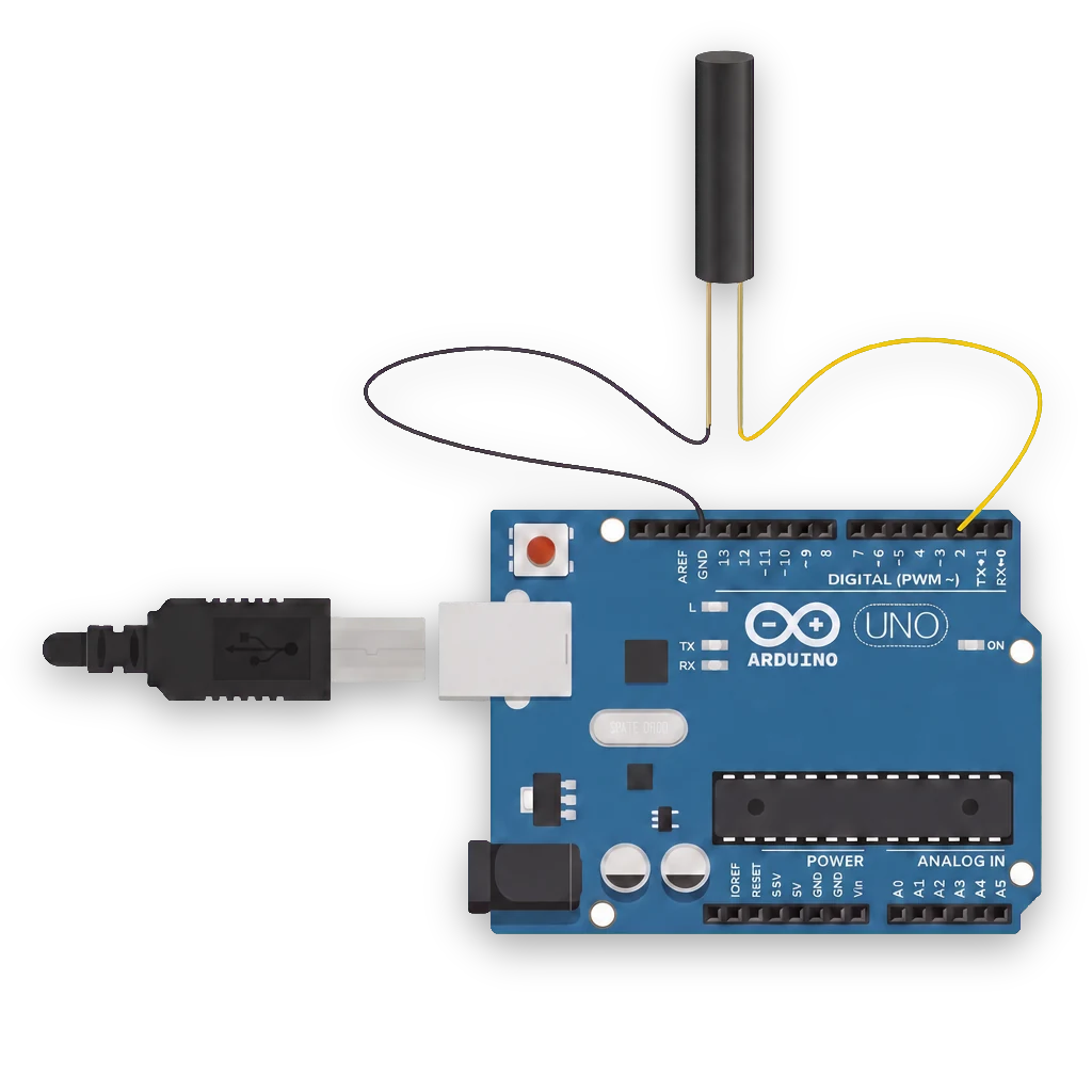 Foto av tilt-sensor kopplad direkt i Arduino-headers via F-M DuPont-kablar.